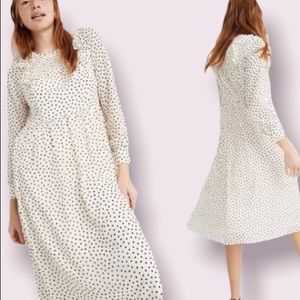 Madewell Smocked Ruffle Shoulder Polka Dot Long Sleeve Midi Dress